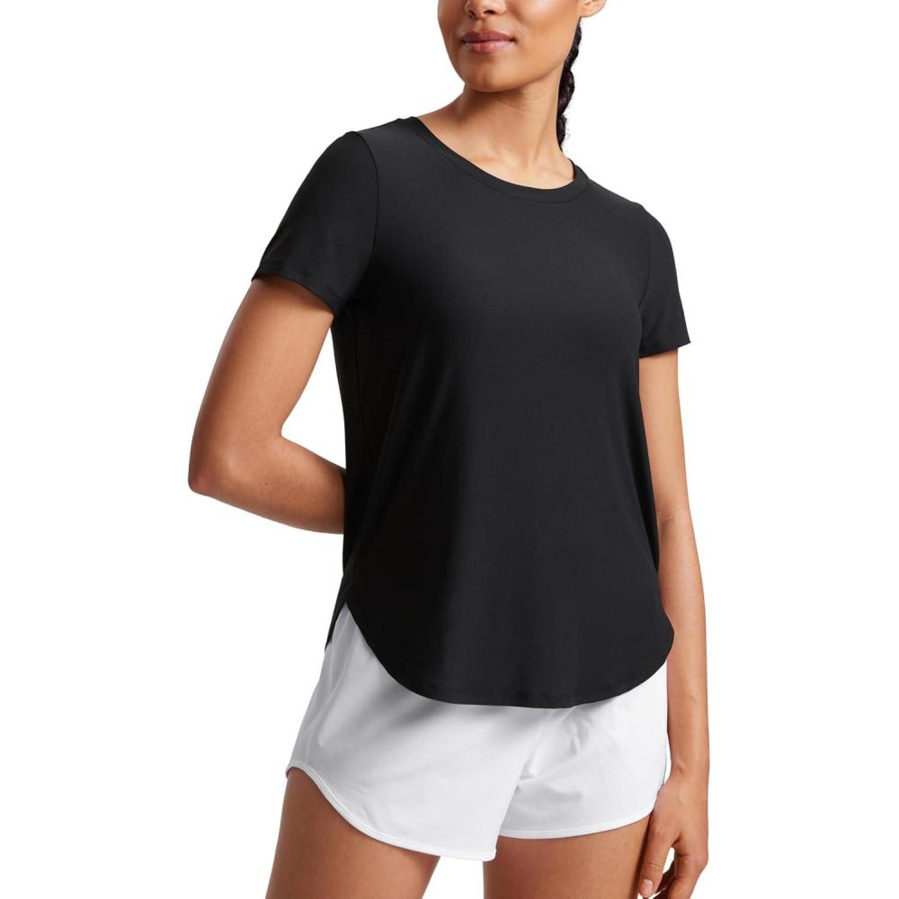 imageCRZ YOGA Cloudweight Short Sleeve Shirts for Women Side Slit Workout Tops Lightweight Athletic Basic Crewneck TShirtsBlack