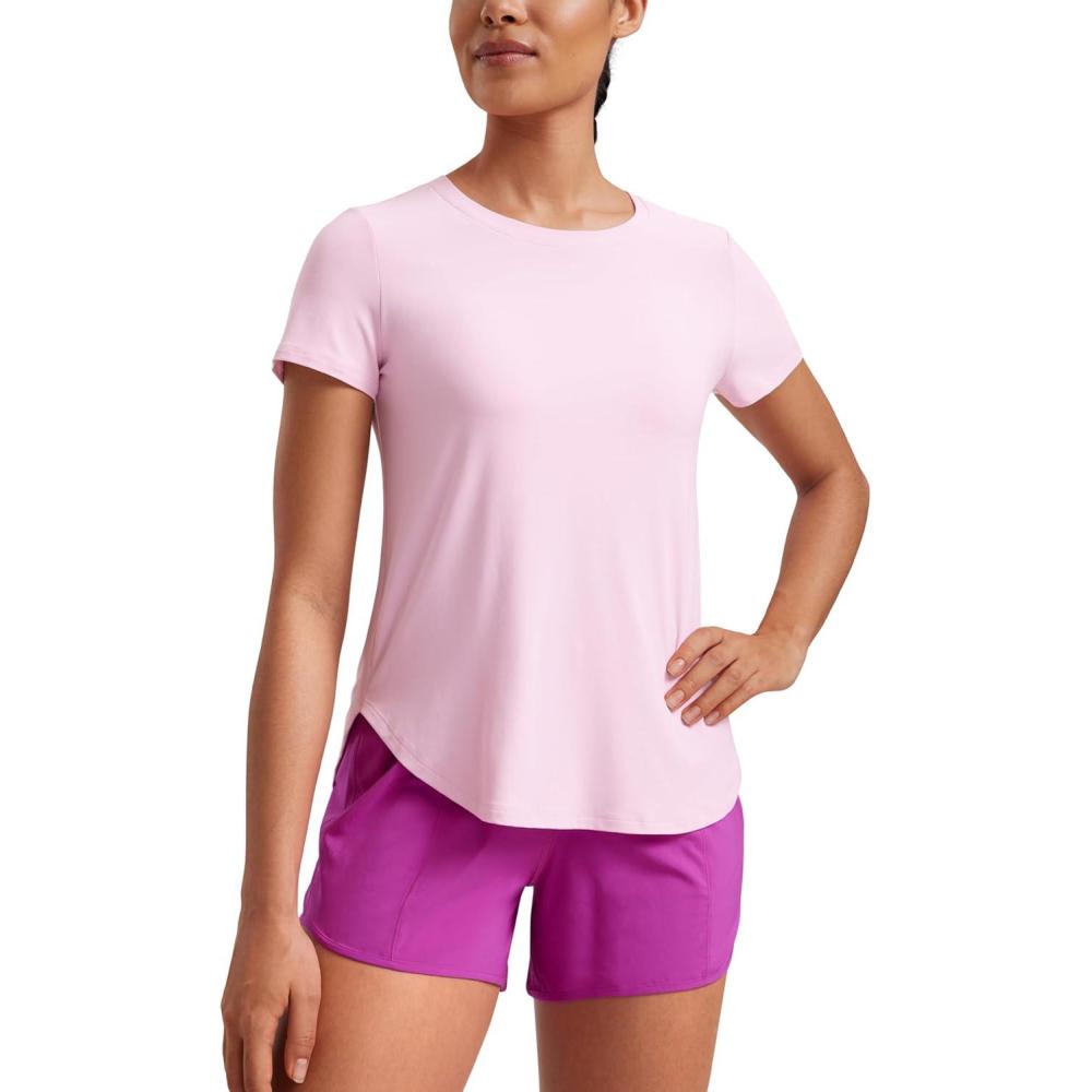 imageCRZ YOGA Cloudweight Short Sleeve Shirts for Women Side Slit Workout Tops Lightweight Athletic Basic Crewneck TShirtsPink Peony