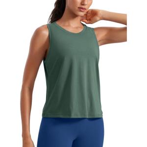 imageCRZ YOGA Pima Cotton High Neck Cropped Tank Tops for Women Crop Athletic Gym Workout Sleeveless ShirtsGraphite Green