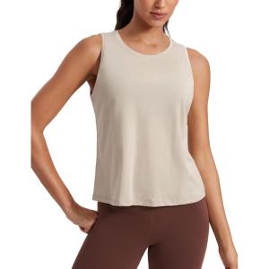 imageCRZ YOGA Pima Cotton High Neck Cropped Tank Tops for Women Crop Athletic Gym Workout Sleeveless ShirtsMojave Tan