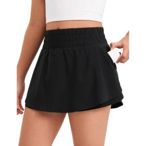 imageCRZ YOGA Girls Athletic Shorts with Zip Pocket  High Waist Flowy Ruffle Skirt for Workout Running Tennis Teen Kids LinerBlack