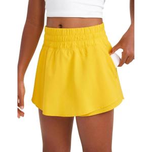 imageCRZ YOGA Girls Athletic Shorts with Zip Pocket  High Waist Flowy Ruffle Skirt for Workout Running Tennis Teen Kids LinerHigh Visibility Yellow