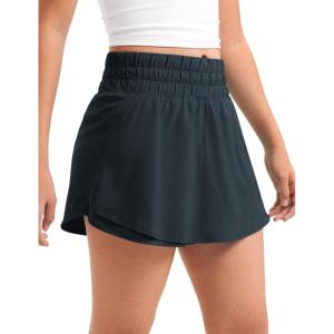 imageCRZ YOGA Girls Athletic Shorts with Zip Pocket  High Waist Flowy Ruffle Skirt for Workout Running Tennis Teen Kids LinerTrue Navy