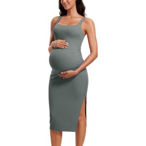 imageCRZ YOGA Women Butterluxe Sleeveless Tank Maternity Dress Split Ruched Pregnancy Square Neck Bodycon Casual Baby ShowerGrey Sage