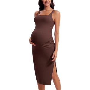 imageCRZ YOGA Women Butterluxe Sleeveless Tank Maternity Dress Split Ruched Pregnancy Square Neck Bodycon Casual Baby ShowerTaupe