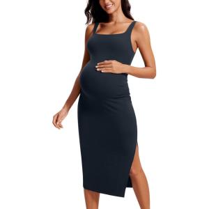 imageCRZ YOGA Women Butterluxe Sleeveless Tank Maternity Dress Split Ruched Pregnancy Square Neck Bodycon Casual Baby ShowerTrue Navy