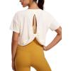 imageCRZ YOGA Open Back Short Sleeve Crop Top for Women Loose Athletic Yoga Workout Shirts Casual Cropped TShirtsWhite Apricot