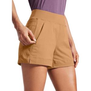 imageCRZ YOGA Womens Lightweight Mid Rise Hiking Shorts 4  Stretch for Athletic Summer Travel Outdoor Golf with Zip PocketsDoe Brown