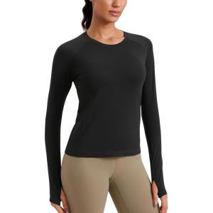 imageCRZ YOGA Womens Seamless Workout Long Sleeve Shirts Quick Dry Gym Athletic Tops Breathable Running Yoga TShirtsBlack