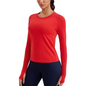 imageCRZ YOGA Womens Seamless Workout Long Sleeve Shirts Quick Dry Gym Athletic Tops Breathable Running Yoga TShirtsDeep Red