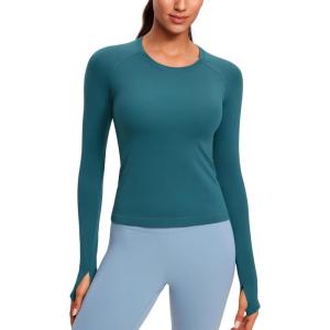imageCRZ YOGA Womens Seamless Workout Long Sleeve Shirts Quick Dry Gym Athletic Tops Breathable Running Yoga TShirtsGreen Jade
