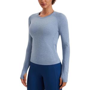 imageCRZ YOGA Womens Seamless Workout Long Sleeve Shirts Quick Dry Gym Athletic Tops Breathable Running Yoga TShirtsOasis Blue