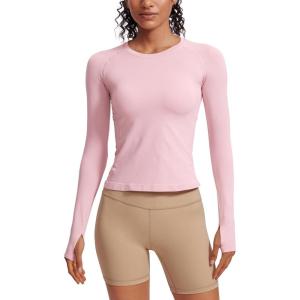 imageCRZ YOGA Womens Seamless Workout Long Sleeve Shirts Quick Dry Gym Athletic Tops Breathable Running Yoga TShirtsRose Blush