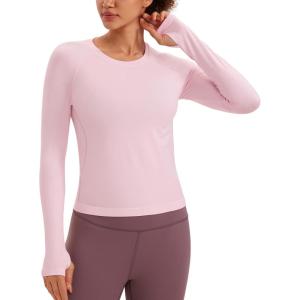 imageCRZ YOGA Womens Seamless Workout Long Sleeve Shirts Quick Dry Gym Athletic Tops Breathable Running Yoga TShirtsStrawberry Pink