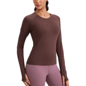 imageCRZ YOGA Womens Seamless Workout Long Sleeve Shirts Quick Dry Gym Athletic Tops Breathable Running Yoga TShirtsTaupe