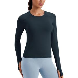 imageCRZ YOGA Womens Seamless Workout Long Sleeve Shirts Quick Dry Gym Athletic Tops Breathable Running Yoga TShirtsTrue Navy