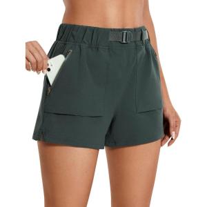 imageCRZ YOGA Womens Waterproof Stretch Hiking Shorts Mid Rise Summer for Outdoor Golf Workout with Zip Pockets Belt  3Evergreen