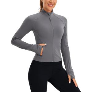 imageCRZ YOGA Butterluxe Womens Cropped Slim Fit Workout Jacket Weightless Track Athletic Full Zip Up Tops with Thumb HolesDark Carbon