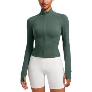 imageCRZ YOGA Butterluxe Womens Cropped Slim Fit Workout Jacket Weightless Track Athletic Full Zip Up Tops with Thumb HolesDark Forest Green