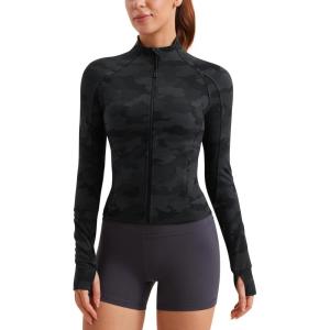 imageCRZ YOGA Butterluxe Womens Cropped Slim Fit Workout Jacket Weightless Track Athletic Full Zip Up Tops with Thumb HolesDark Grey Camouflage 2