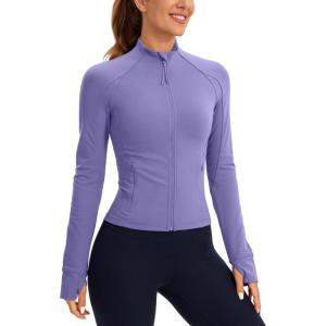 imageCRZ YOGA Butterluxe Womens Cropped Slim Fit Workout Jacket Weightless Track Athletic Full Zip Up Tops with Thumb HolesDark Lavender Purple