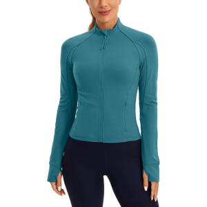 imageCRZ YOGA Butterluxe Womens Cropped Slim Fit Workout Jacket Weightless Track Athletic Full Zip Up Tops with Thumb HolesGreen Jade