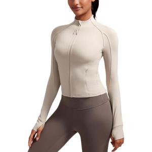 imageCRZ YOGA Butterluxe Womens Cropped Slim Fit Workout Jacket Weightless Track Athletic Full Zip Up Tops with Thumb HolesMojave Tan