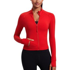 imageCRZ YOGA Butterluxe Womens Cropped Slim Fit Workout Jacket Weightless Track Athletic Full Zip Up Tops with Thumb HolesRed Chili