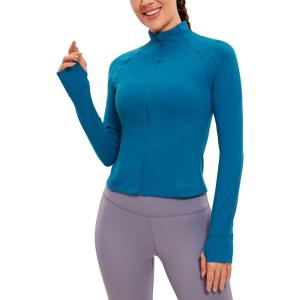 imageCRZ YOGA Butterluxe Womens Cropped Slim Fit Workout Jacket Weightless Track Athletic Full Zip Up Tops with Thumb HolesSupersonic Blue