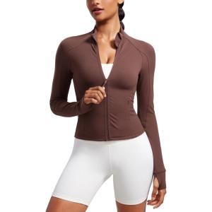 imageCRZ YOGA Butterluxe Womens Cropped Slim Fit Workout Jacket Weightless Track Athletic Full Zip Up Tops with Thumb HolesTaupe