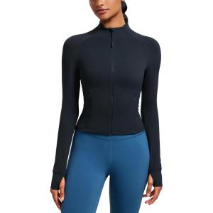 imageCRZ YOGA Butterluxe Womens Cropped Slim Fit Workout Jacket Weightless Track Athletic Full Zip Up Tops with Thumb HolesTrue Navy