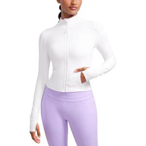 imageCRZ YOGA Butterluxe Womens Cropped Slim Fit Workout Jacket Weightless Track Athletic Full Zip Up Tops with Thumb HolesWhite