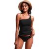 imageCRZ YOGA One Shoulder Tankini Tops for Women Ruched Bathing Suits Tummy Control Adjustable Swimsuit Only No Bottom PaddedBlack