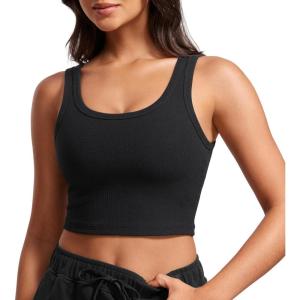 imageCRZ YOGA Womens Ribbed Longline Sports Bra  U Neck Padded Yoga Cami Workout Crop Tank Top Built in PadsBlack