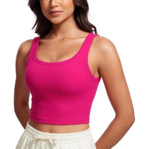 imageCRZ YOGA Womens Ribbed Longline Sports Bra  U Neck Padded Yoga Cami Workout Crop Tank Top Built in PadsGranita Pink
