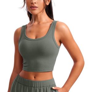 imageCRZ YOGA Womens Ribbed Longline Sports Bra  U Neck Padded Yoga Cami Workout Crop Tank Top Built in PadsGrey Sage