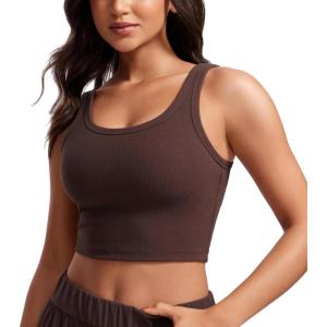 imageCRZ YOGA Womens Ribbed Longline Sports Bra  U Neck Padded Yoga Cami Workout Crop Tank Top Built in PadsTaupe