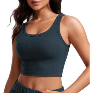imageCRZ YOGA Womens Ribbed Longline Sports Bra  U Neck Padded Yoga Cami Workout Crop Tank Top Built in PadsTrue Navy