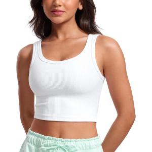 imageCRZ YOGA Womens Ribbed Longline Sports Bra  U Neck Padded Yoga Cami Workout Crop Tank Top Built in PadsWhite