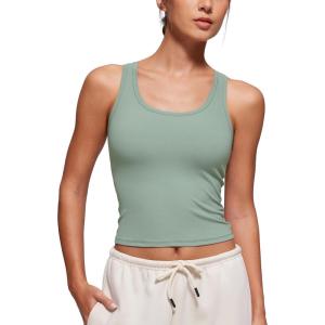 imageCRZ YOGA Softembrace Casual Tops for Women Soft Double Lined Scoop Neck Crop Sleeveless Shirts Basic Going Out TanksGreen Palm Court