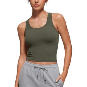 imageCRZ YOGA Softembrace Casual Tops for Women Soft Double Lined Scoop Neck Crop Sleeveless Shirts Basic Going Out TanksLight Army Green