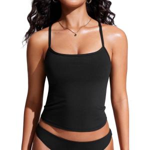 imageCRZ YOGA Womens Racerback Tankini Tops Scoop Neck Spaghetti Straps Bathing Suit Bikini Only Padded Crop Swim TankBlack