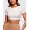 imageCRZ YOGA Womens Butterluxe Double Lined Open Back Crop Tops Backless Short Sleeve Workout Shirts Casual Tight TShirtsWhite Apricot