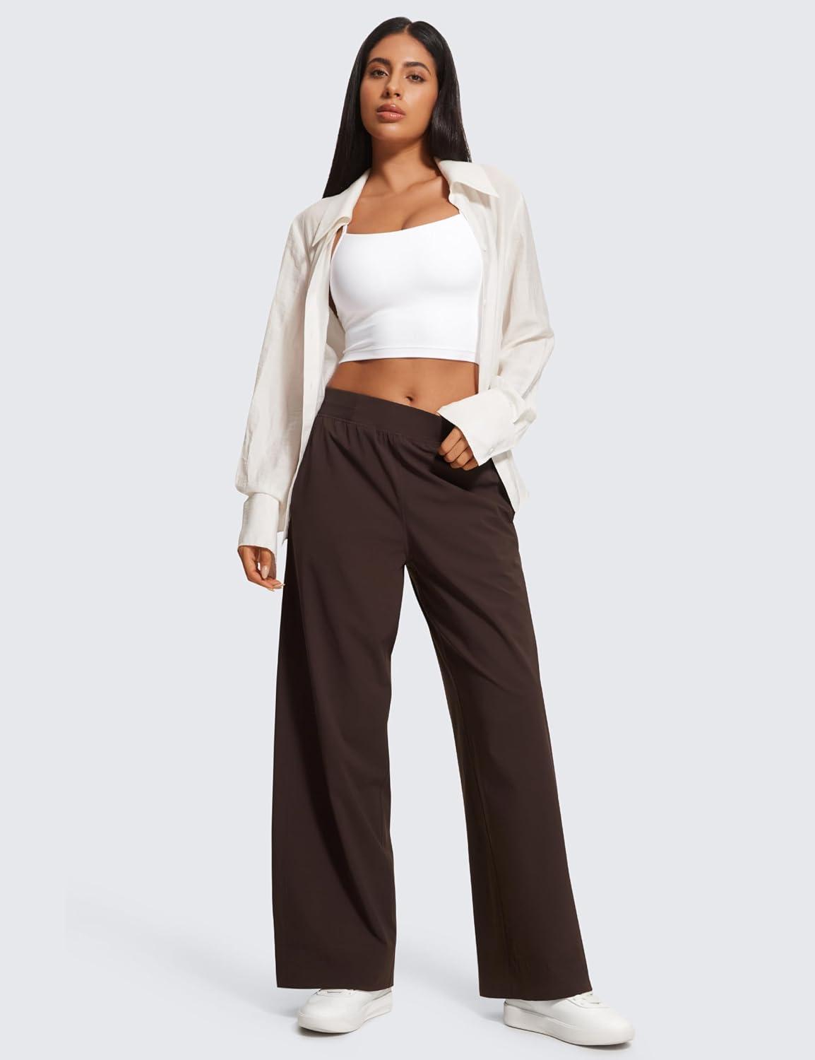 imageCRZ YOGA Stretch Wide Leg Casual Pants for Women 30quot High Waisted Dress Work Water Resistant Travel TrousersHot Fudge Brown