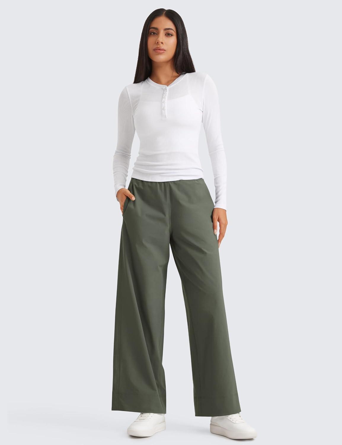 imageCRZ YOGA Stretch Wide Leg Casual Pants for Women 30quot High Waisted Dress Work Water Resistant Travel TrousersLight Army Green