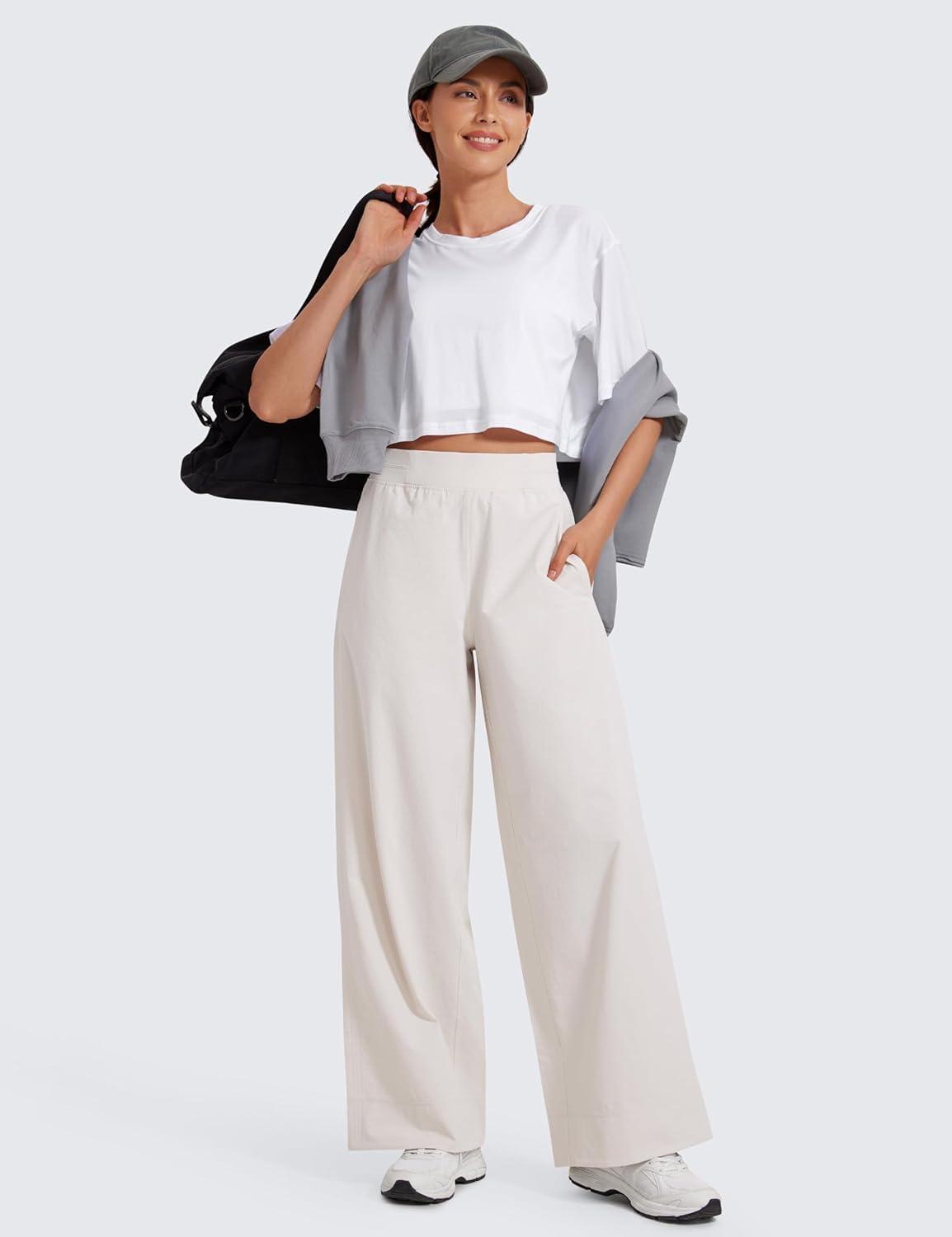 imageCRZ YOGA Stretch Wide Leg Casual Pants for Women 30quot High Waisted Dress Work Water Resistant Travel TrousersMilky White Bone