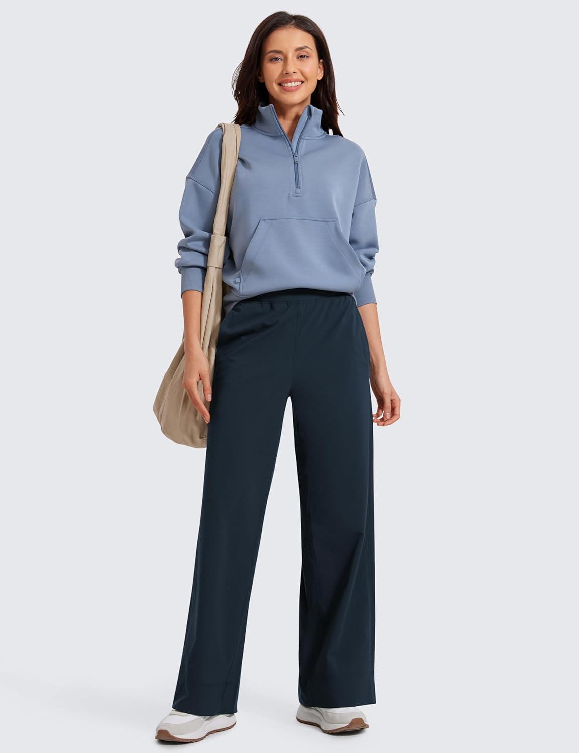 imageCRZ YOGA Stretch Wide Leg Casual Pants for Women 30quot High Waisted Dress Work Water Resistant Travel TrousersTrue Navy