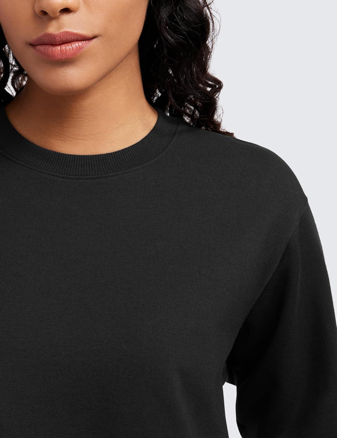 imageCRZ YOGA Womens Fleece Cropped Sweatshirts Crewneck Long Sleeve Double Raw Hem Workout Casual Pullover TopsBlack