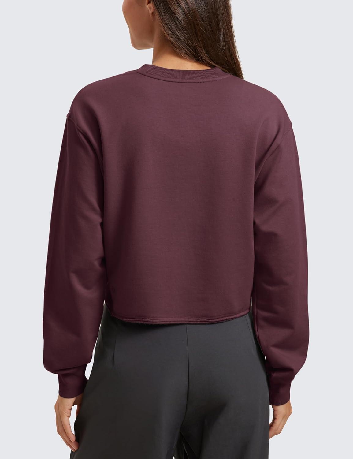 imageCRZ YOGA Womens Fleece Cropped Sweatshirts Crewneck Long Sleeve Double Raw Hem Workout Casual Pullover TopsDark Red