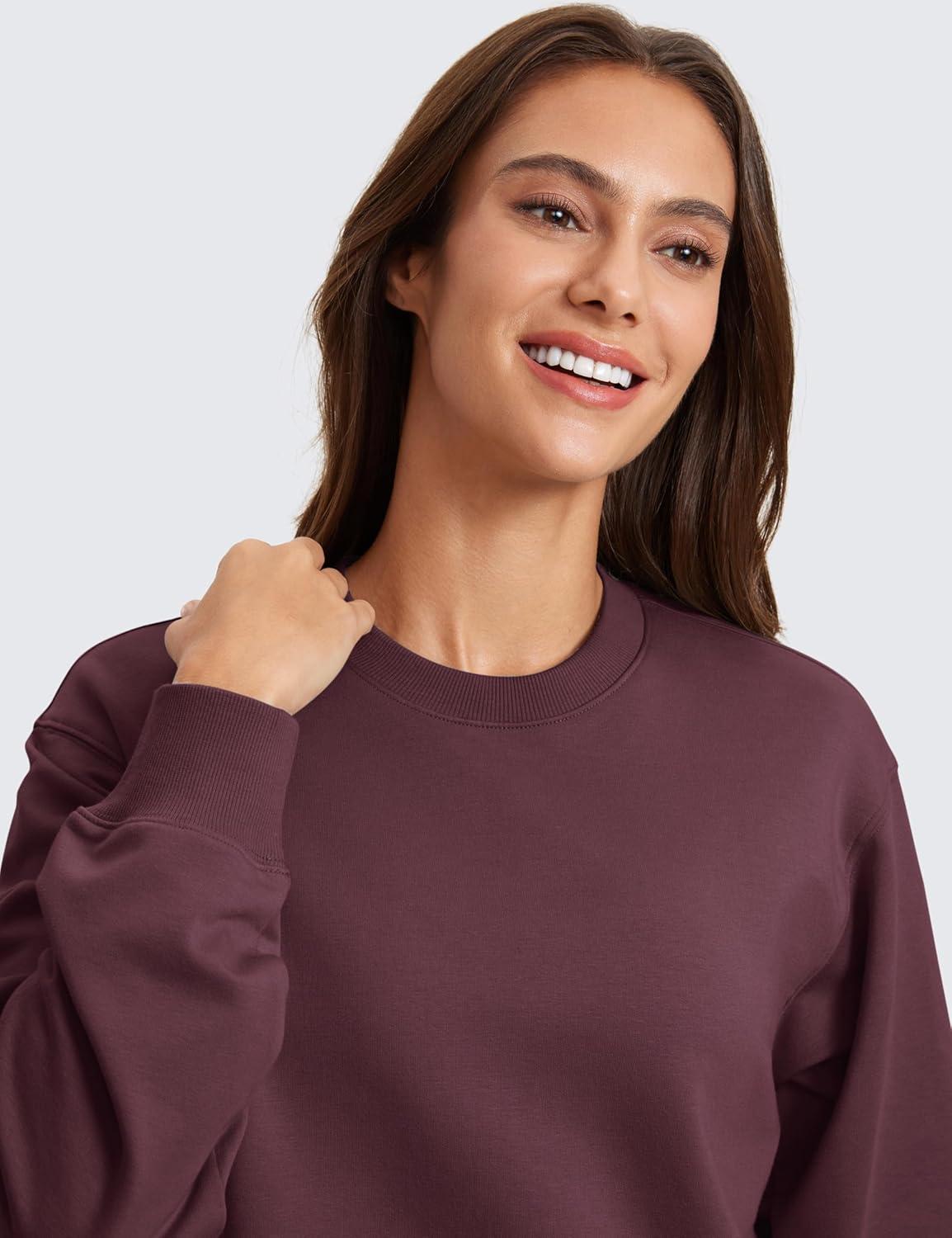 imageCRZ YOGA Womens Fleece Cropped Sweatshirts Crewneck Long Sleeve Double Raw Hem Workout Casual Pullover TopsDark Red